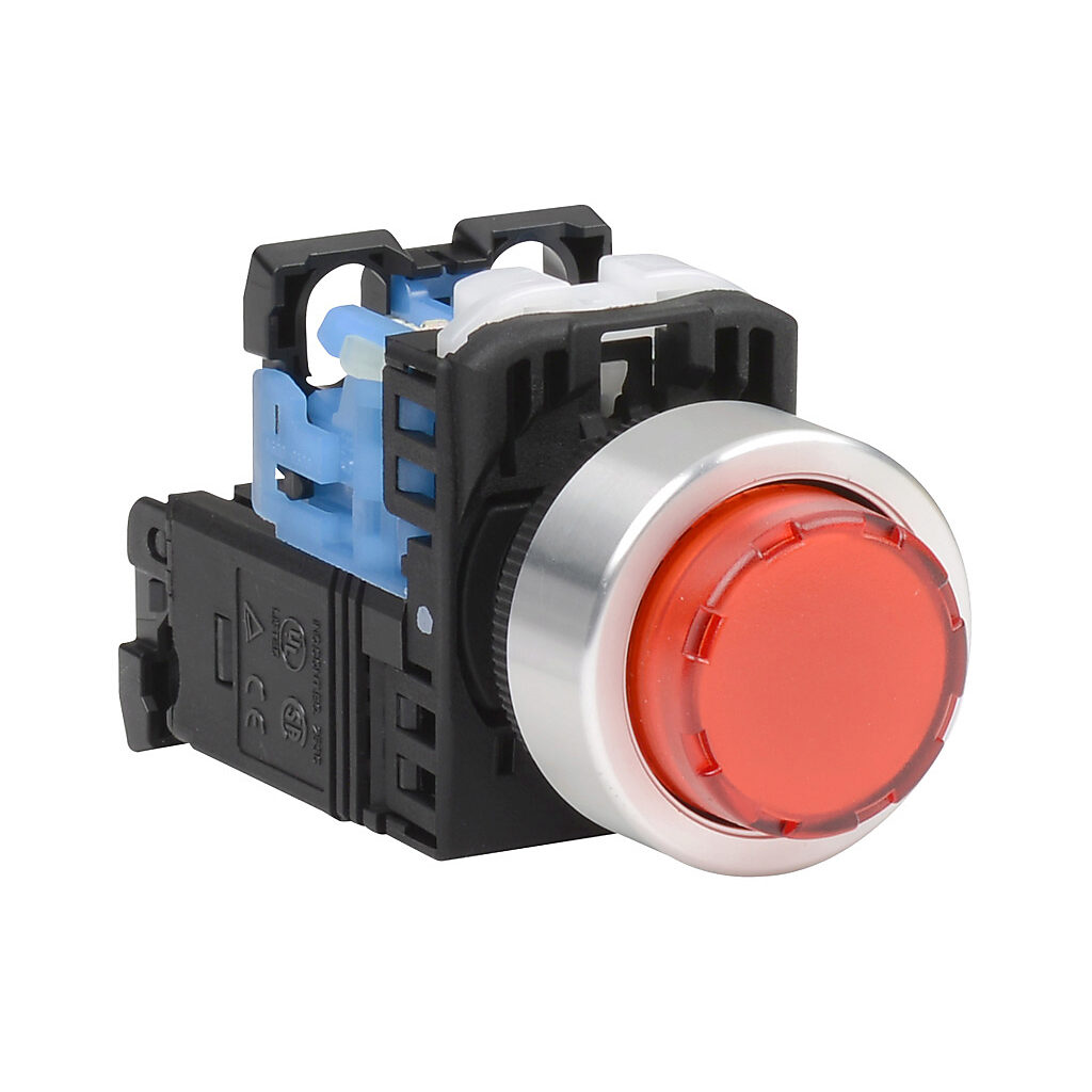 AR22E0L-10L3RZA - Fuji Electric pushbutton, 22mm, momentary, LED illuminated, (1) N.O. contact(s), plastic base, metal bezel, Operator: red, extended, 30mm, round, plastic, 115-127 VAC, transformer.