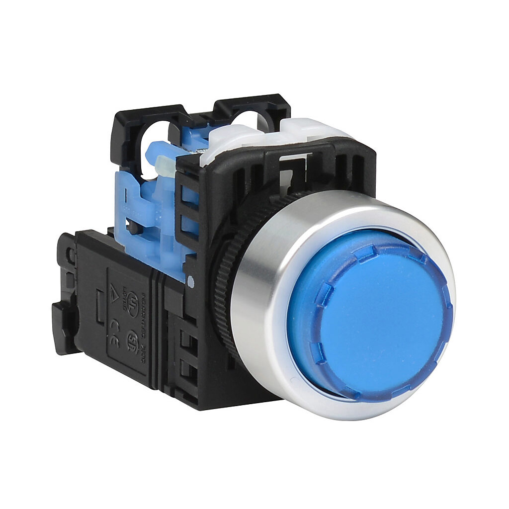 AR22E0L-10L3SZA - Fuji Electric pushbutton, 22mm, momentary, LED illuminated, (1) N.O. contact(s), plastic base, metal bezel, Operator: blue, extended, 30mm, round, plastic, 115-127 VAC, transformer.