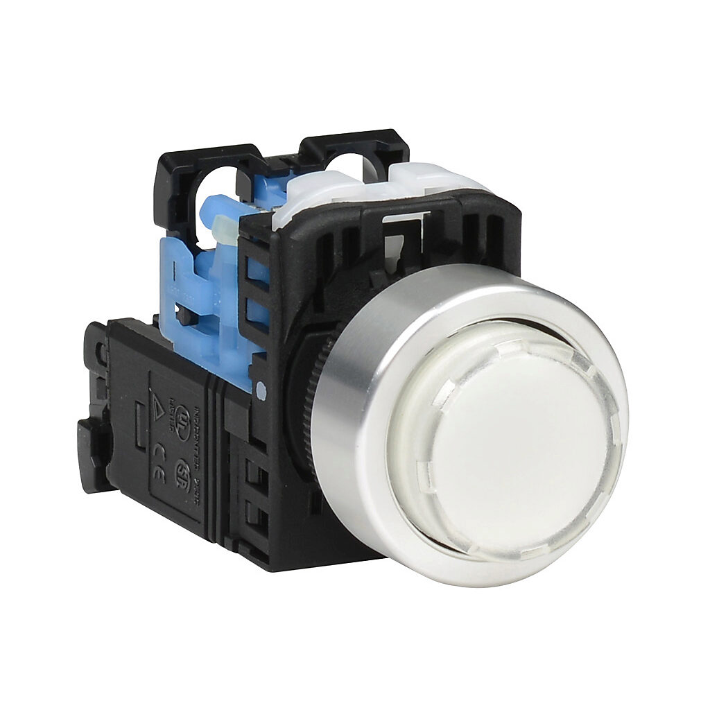 AR22E0L-10L3WZA - Fuji Electric pushbutton, 22mm, momentary, LED illuminated, (1) N.O. contact(s), plastic base, metal bezel, Operator: white, extended, 30mm, round, plastic, 115-127 VAC, transformer.