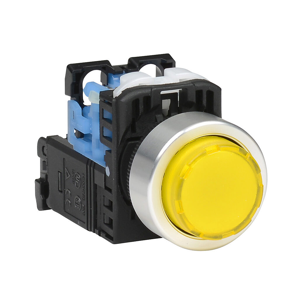 AR22E0L-10L3YZA - Fuji Electric pushbutton, 22mm, momentary, LED illuminated, (1) N.O. contact(s), plastic base, metal bezel, Operator: yellow, extended, 30mm, round, plastic, 115-127 VAC, transformer.