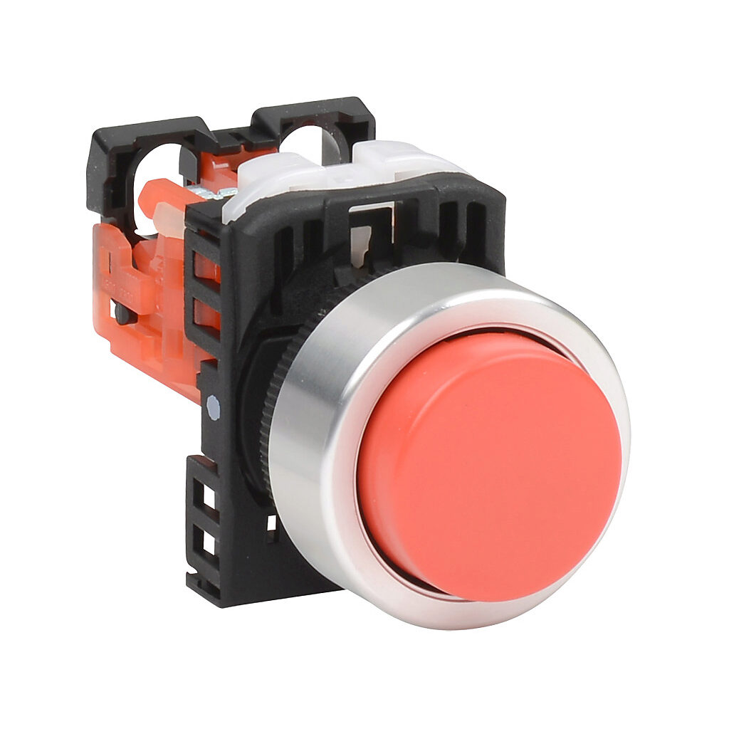 AR22E0R-01RZA - Fuji Electric pushbutton, 22mm, momentary, (1) N.C. contact(s), plastic base, metal bezel, Operator: red, extended, 30mm, round, plastic.