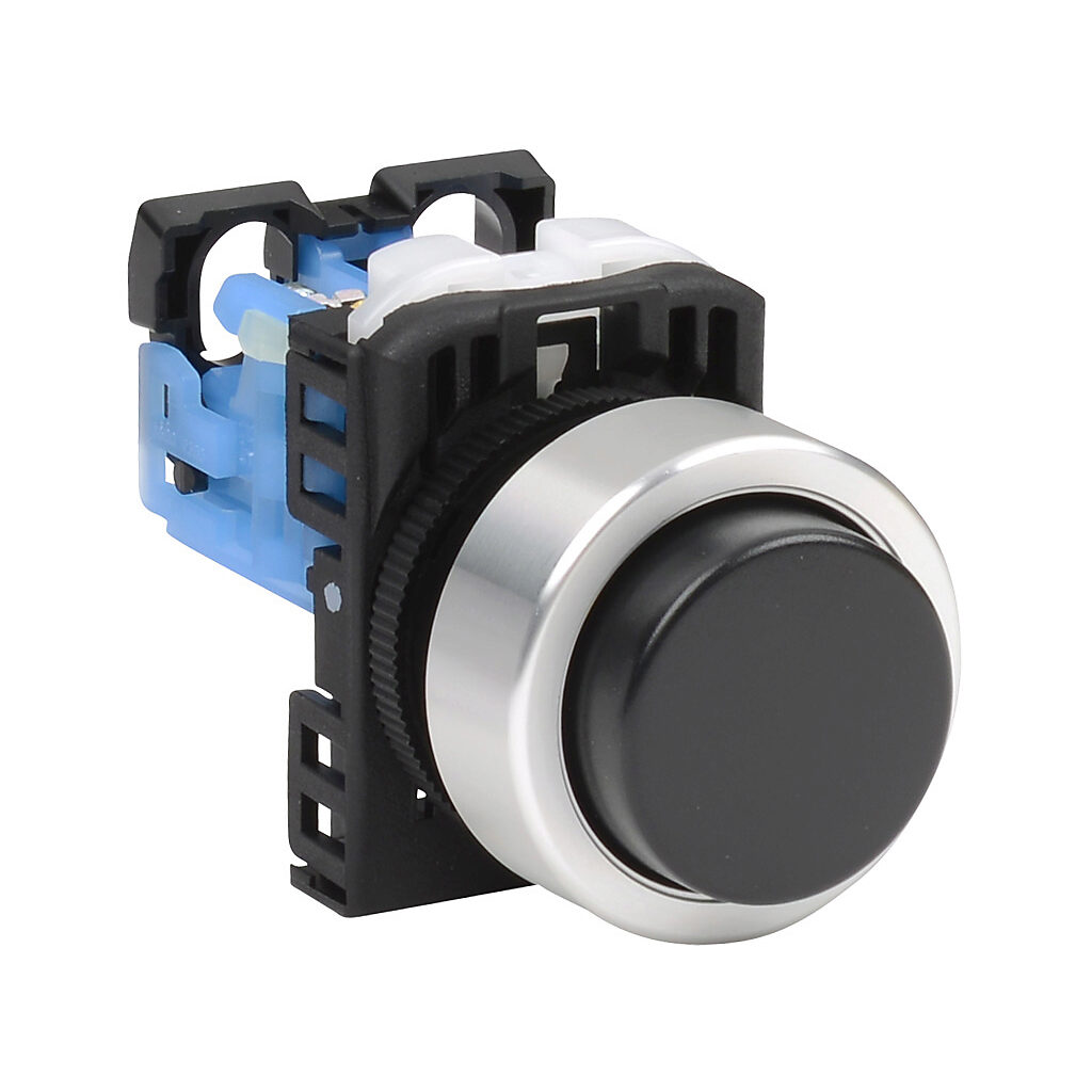 AR22E0R-10BZA - Fuji Electric pushbutton, 22mm, momentary, (1) N.O. contact(s), plastic base, metal bezel, Operator: black, extended, 30mm, round, plastic.