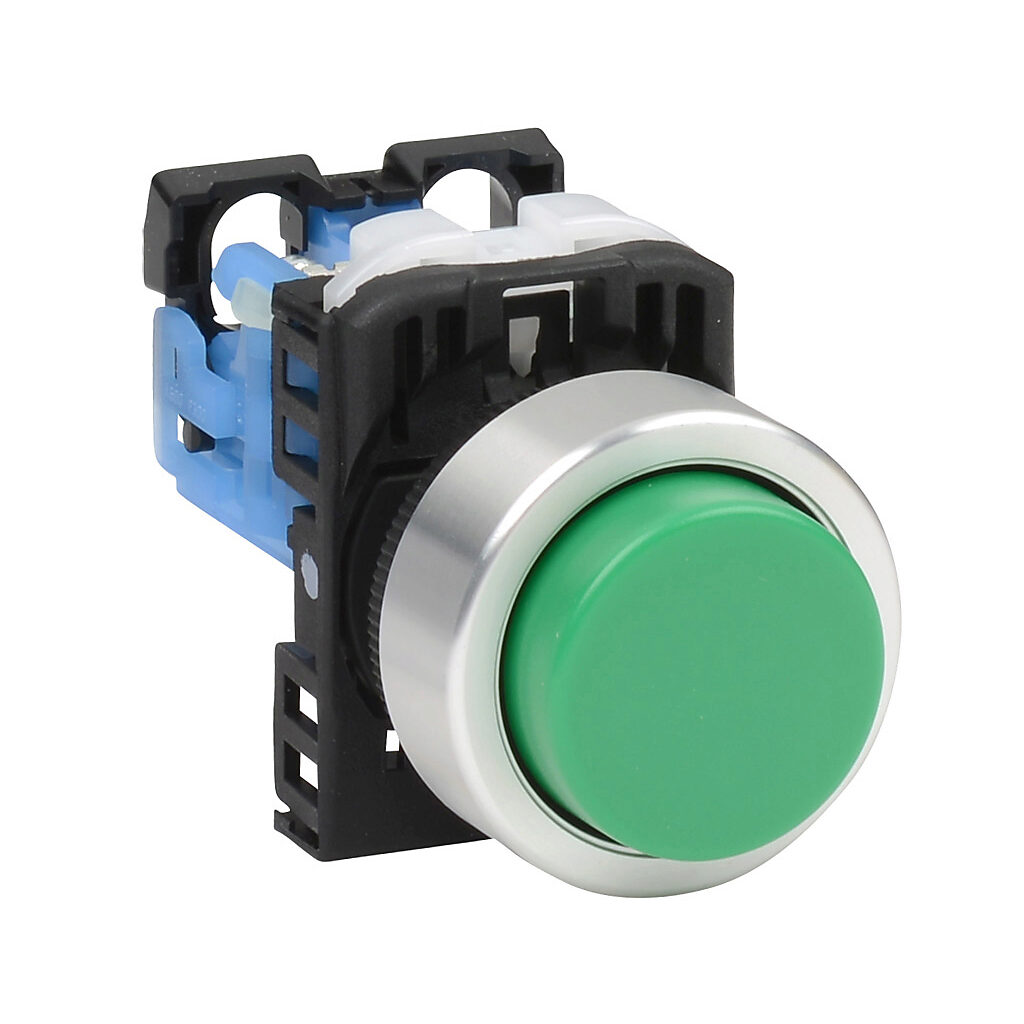 AR22E0R-10GZA - Fuji Electric pushbutton, 22mm, momentary, (1) N.O. contact(s), plastic base, metal bezel, Operator: green, extended, 30mm, round, plastic.