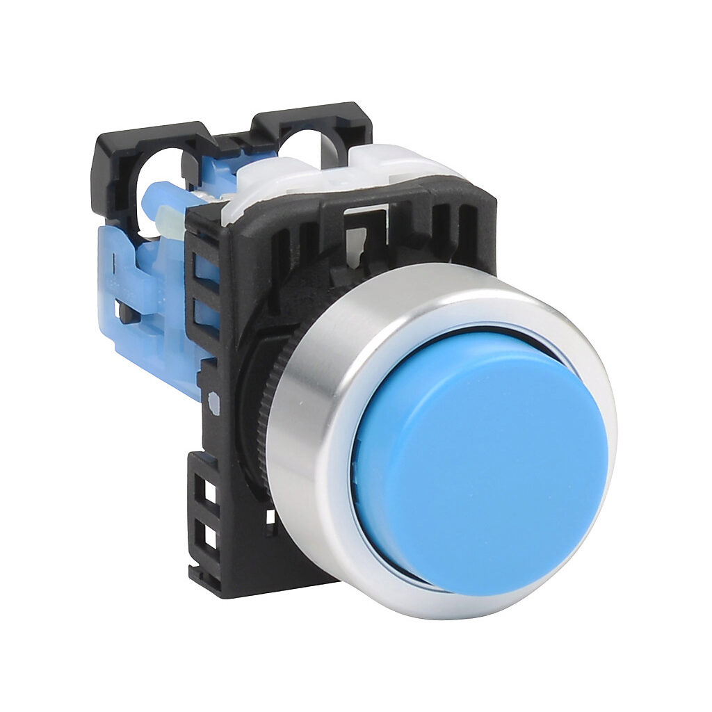 AR22E0R-10SZA - Fuji Electric pushbutton, 22mm, momentary, (1) N.O. contact(s), plastic base, metal bezel, Operator: blue, extended, 30mm, round, plastic.