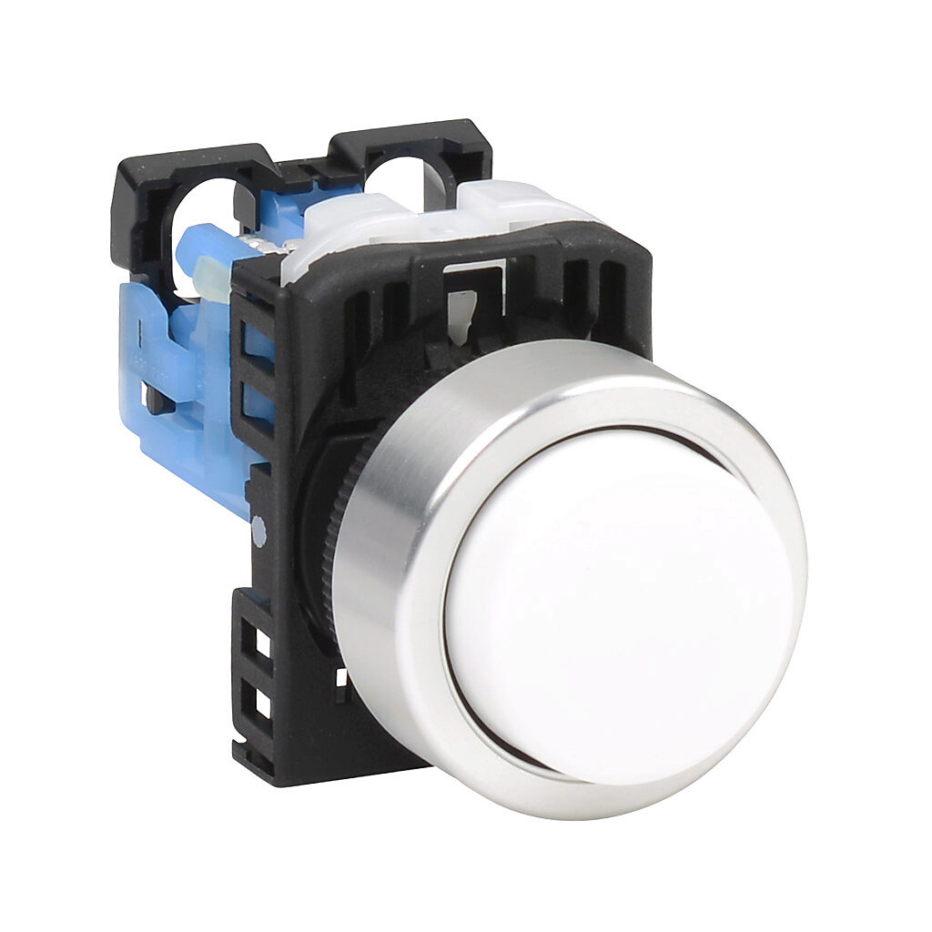 AR22E0R-10WZA - Fuji Electric pushbutton, 22mm, momentary, (1) N.O. contact(s), plastic base, metal bezel, Operator: white, extended, 30mm, round, plastic.