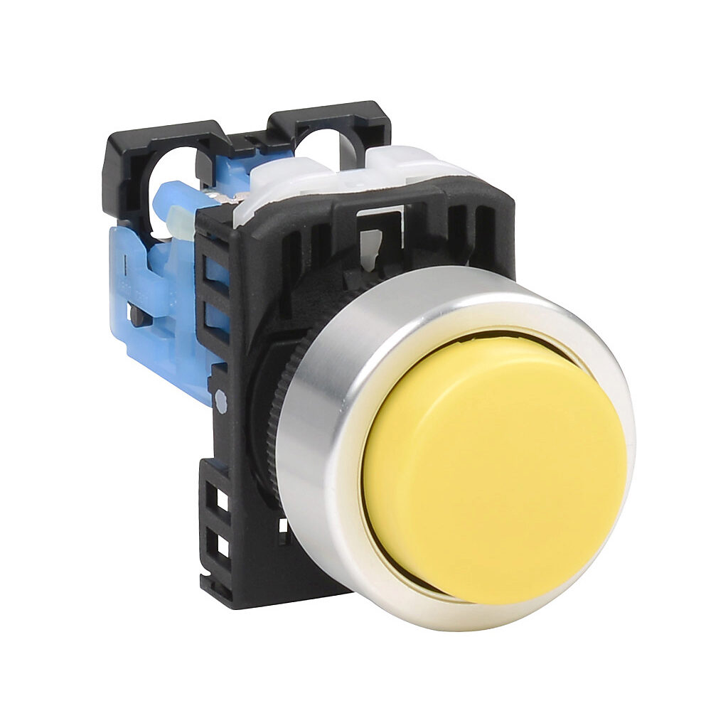 AR22E0R-10YZA - Fuji Electric pushbutton, 22mm, momentary, (1) N.O. contact(s), plastic base, metal bezel, Operator: yellow, extended, 30mm, round, plastic.