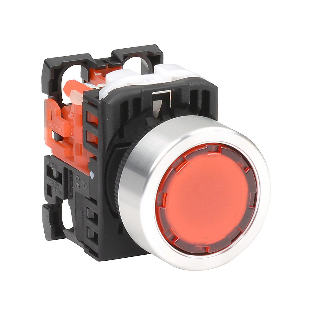 AR22F0L-01E3RZA - Fuji Electric pushbutton, 22mm, momentary, LED illuminated, (1) N.C. contact(s), plastic base, metal bezel, Operator: red, flush, 30mm, round, plastic, 24 VAC/VDC, full voltage.
