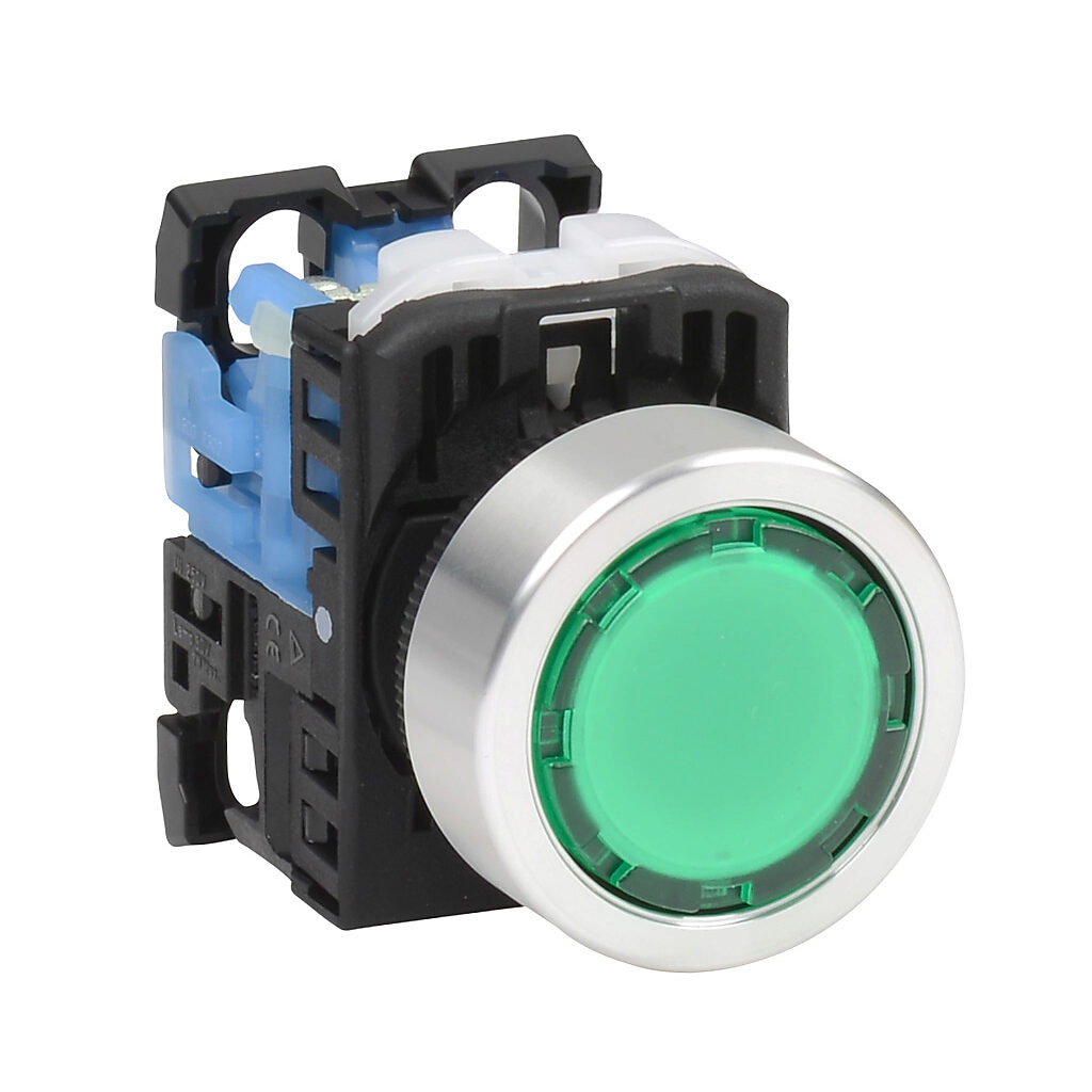 AR22F0L-10E3GZA - Fuji Electric pushbutton, 22mm, momentary, LED illuminated, (1) N.O. contact(s), plastic base, metal bezel, Operator: green, flush, 30mm, round, plastic, 24 VAC/VDC, full voltage.