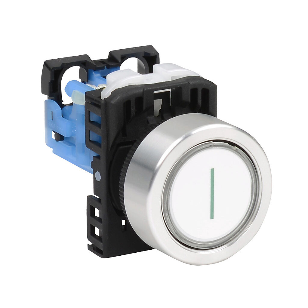 AR22FAR-10C03ZA - Fuji Electric pushbutton, 22mm, momentary, (1) N.O. contact(s), plastic base, metal bezel, Operator: white, flush, 30mm, round, plastic, operator text "(I)".