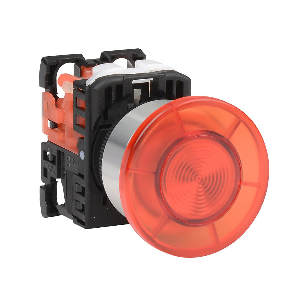 AR22M0L-01E3RZA - Fuji Electric pushbutton, 22mm, momentary, LED illuminated, (1) N.C. contact(s), plastic base, metal bezel, Operator: red, mushroom, 40mm, round, plastic, 24 VAC/VDC, full voltage.