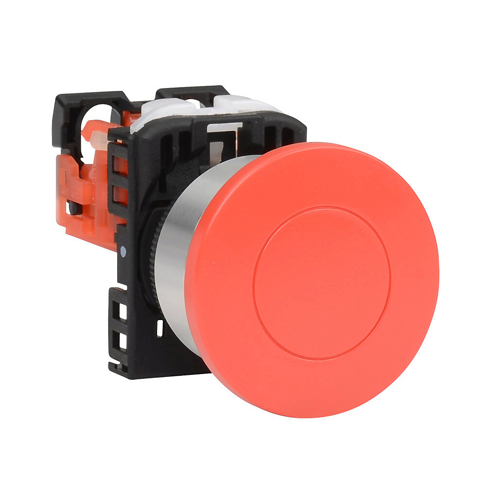 AR22M0R-01RZA - Fuji Electric pushbutton, 22mm, momentary, (1) N.C. contact(s), plastic base, metal bezel, Operator: red, mushroom, 40mm, round, plastic.