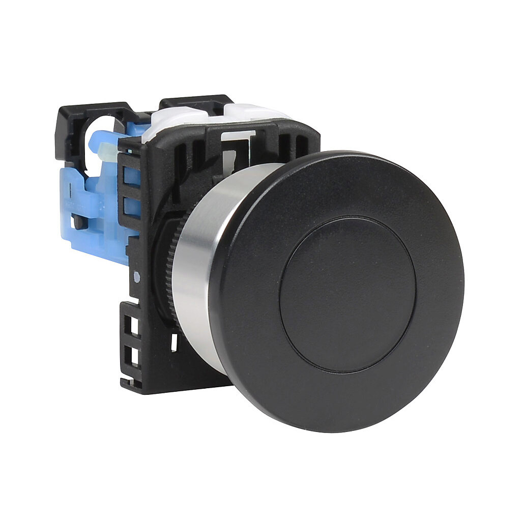 AR22M0R-10BZA - Fuji Electric pushbutton, 22mm, momentary, (1) N.O. contact(s), plastic base, metal bezel, Operator: black, mushroom, 40mm, round, plastic.