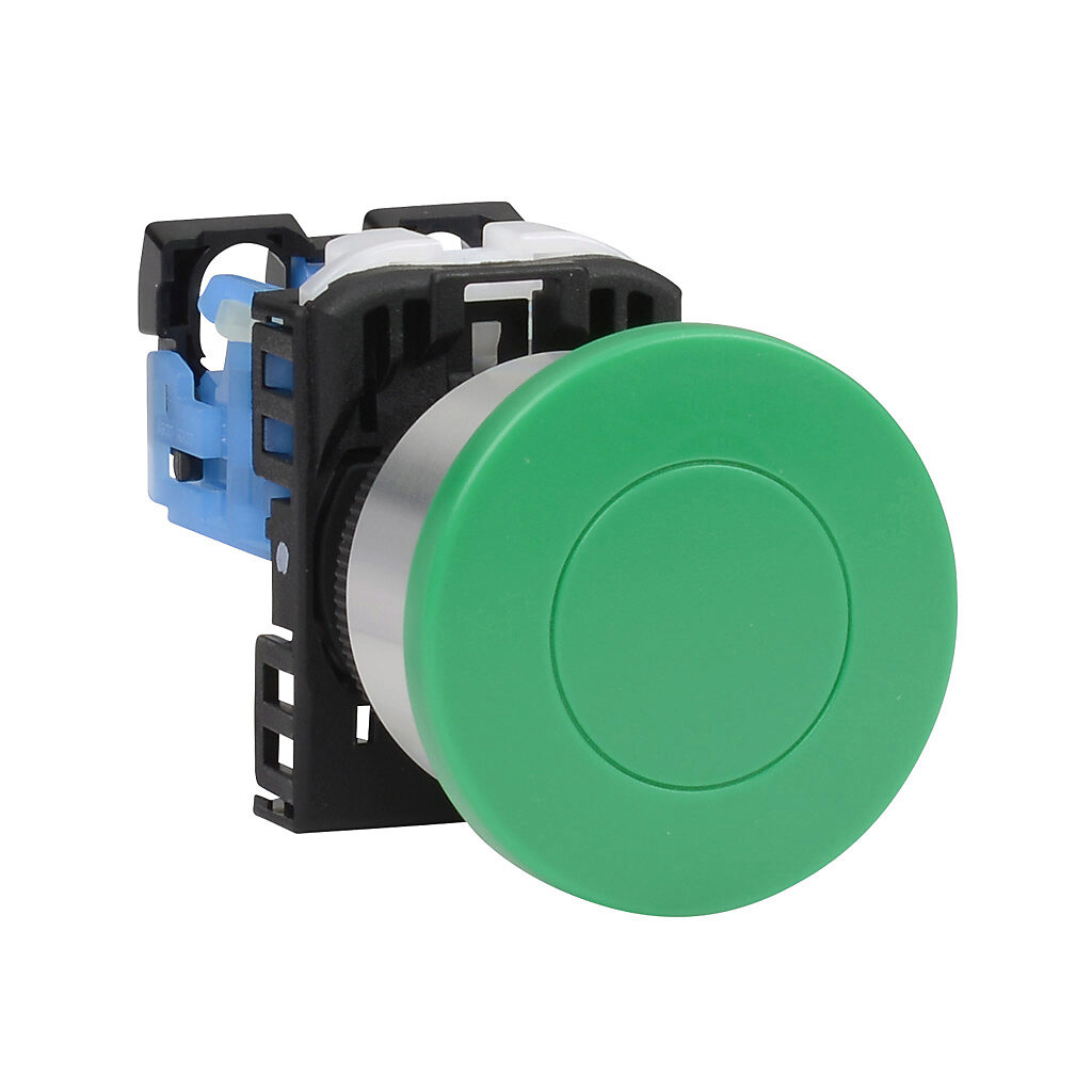 AR22M0R-10GZA - Fuji Electric pushbutton, 22mm, momentary, (1) N.O. contact(s), plastic base, metal bezel, Operator: green, mushroom, 40mm, round, plastic.