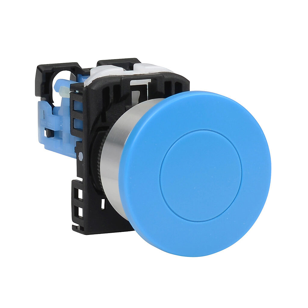 AR22M0R-10SZA - Fuji Electric pushbutton, 22mm, momentary, (1) N.O. contact(s), plastic base, metal bezel, Operator: blue, mushroom, 40mm, round, plastic.