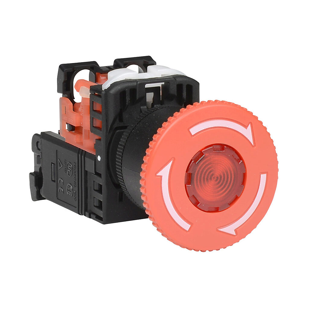 AR22V0L-01L3R - Fuji Electric emergency stop pushbutton, 22mm, twist-to-release, LED illuminated, (1) N.C. contact(s), plastic base, plastic bezel, Operator: red, mushroom, 40mm, round, plastic, 115-127 VAC, transformer.