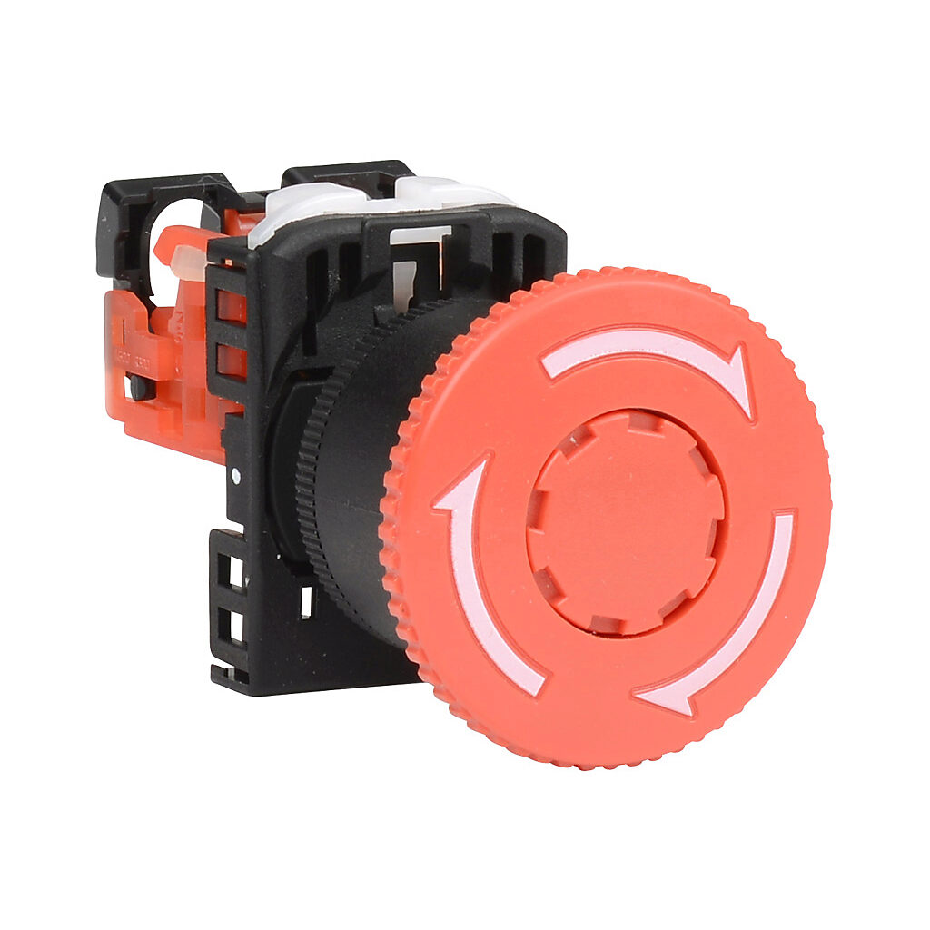AR22V0R-01R - Fuji Electric emergency stop pushbutton, 22mm, twist-to-release, (1) N.C. contact(s), plastic base, plastic bezel, Operator: red, mushroom, 40mm, round, plastic.