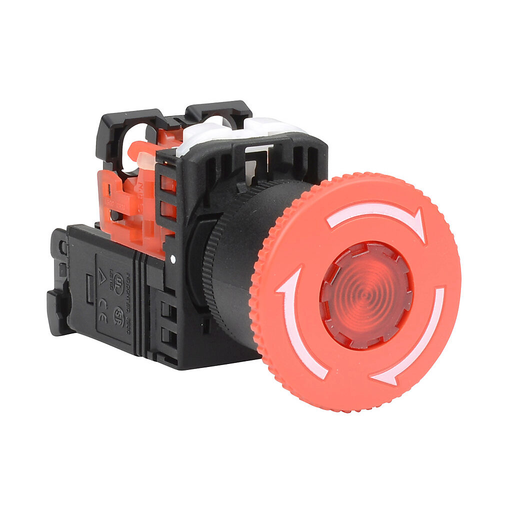 AR22V5L-01L3R - Fuji Electric pushbutton, 22mm, twist-to-release, LED illuminated, (1) N.C. contact(s), plastic base, plastic bezel, Operator: red, mushroom, 40mm, round, plastic, 115-127 VAC, transformer.