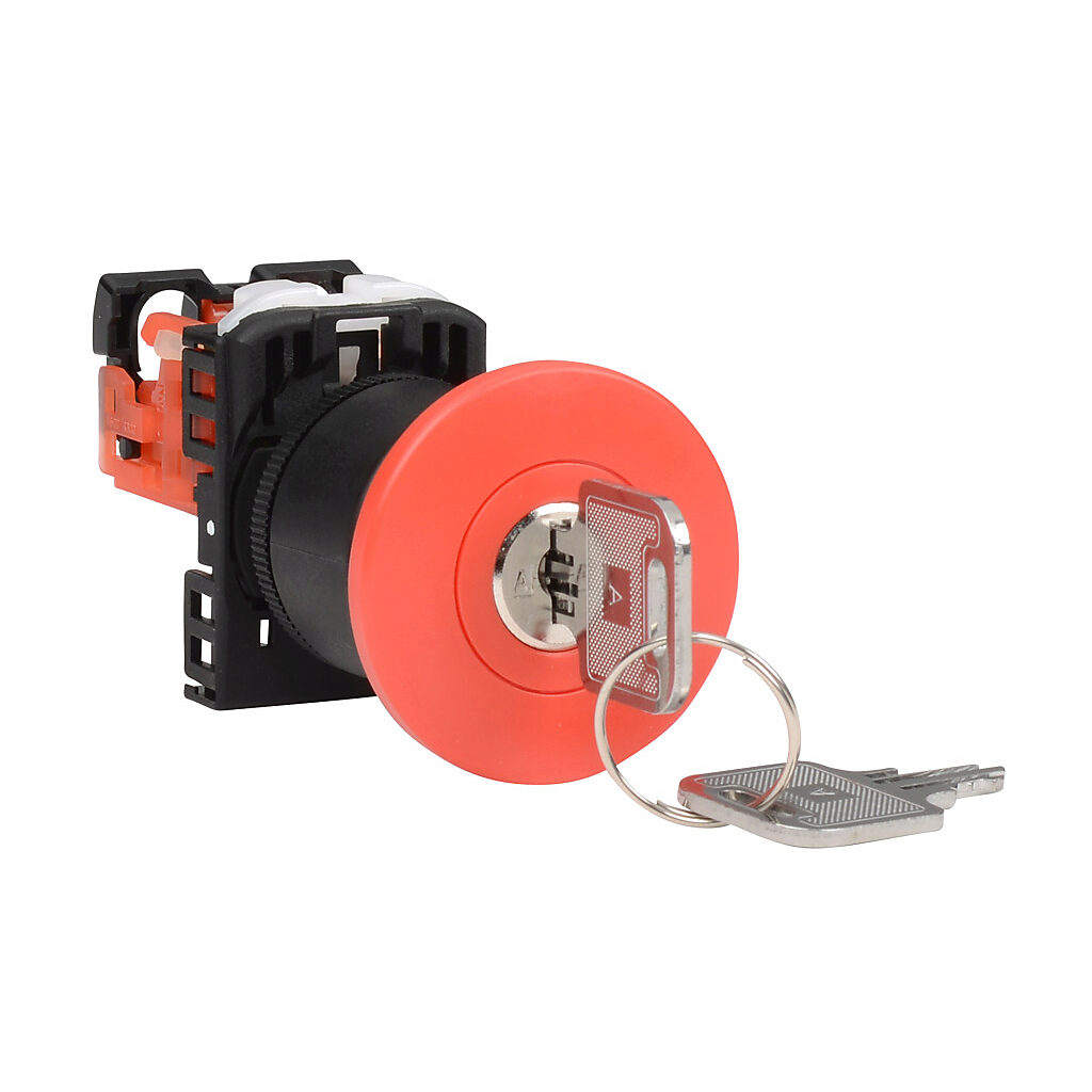 AR22V7R-01R - Fuji Electric emergency stop pushbutton, 22mm, key operated release, (1) N.C. contact(s), plastic base, plastic bezel, Operator: red, mushroom, 40mm, round, plastic.