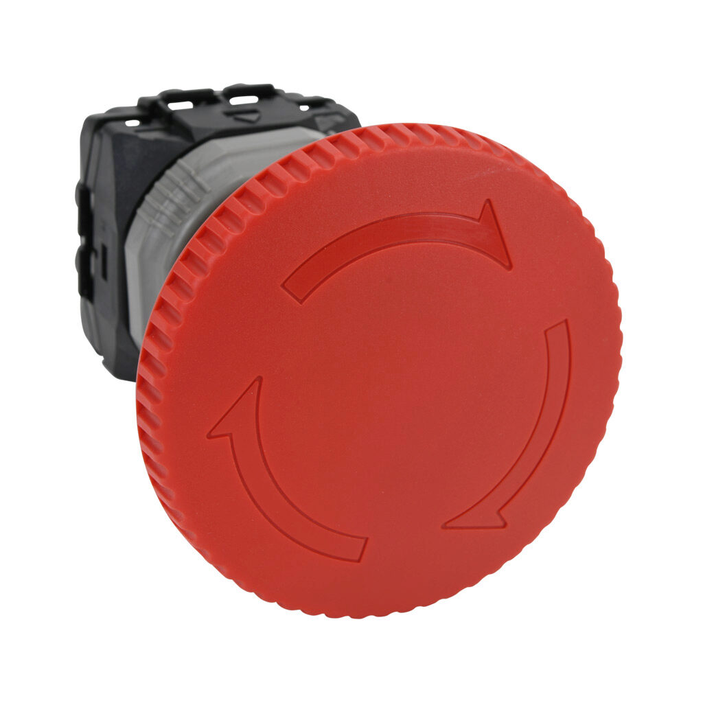 AR22VPR-01R - Fuji Electric emergency stop pushbutton, IP65, 22mm, push to lock, pull or turn to reset, (1) N.C. contact(s), plastic base, plastic bezel, yellow, Operator: red, mushroom, 65mm, mushroom, plastic.