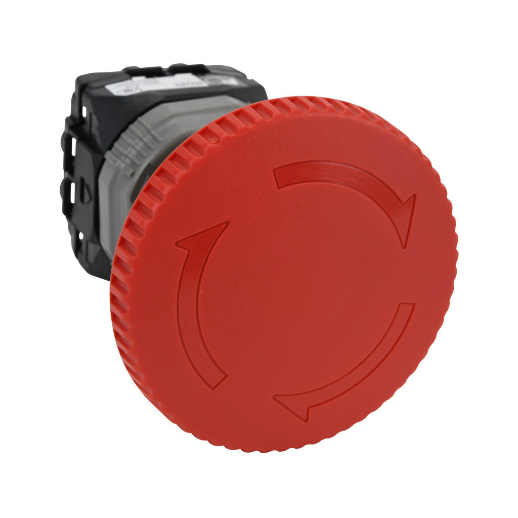AR22VPR-12R - Fuji Electric emergency stop pushbutton, IP65, 22mm, push to lock, pull or turn to reset, (1) N.O./(2) N.C. contact(s), plastic base, plastic bezel, yellow, Operator: red, mushroom, 65mm, mushroom, plastic.