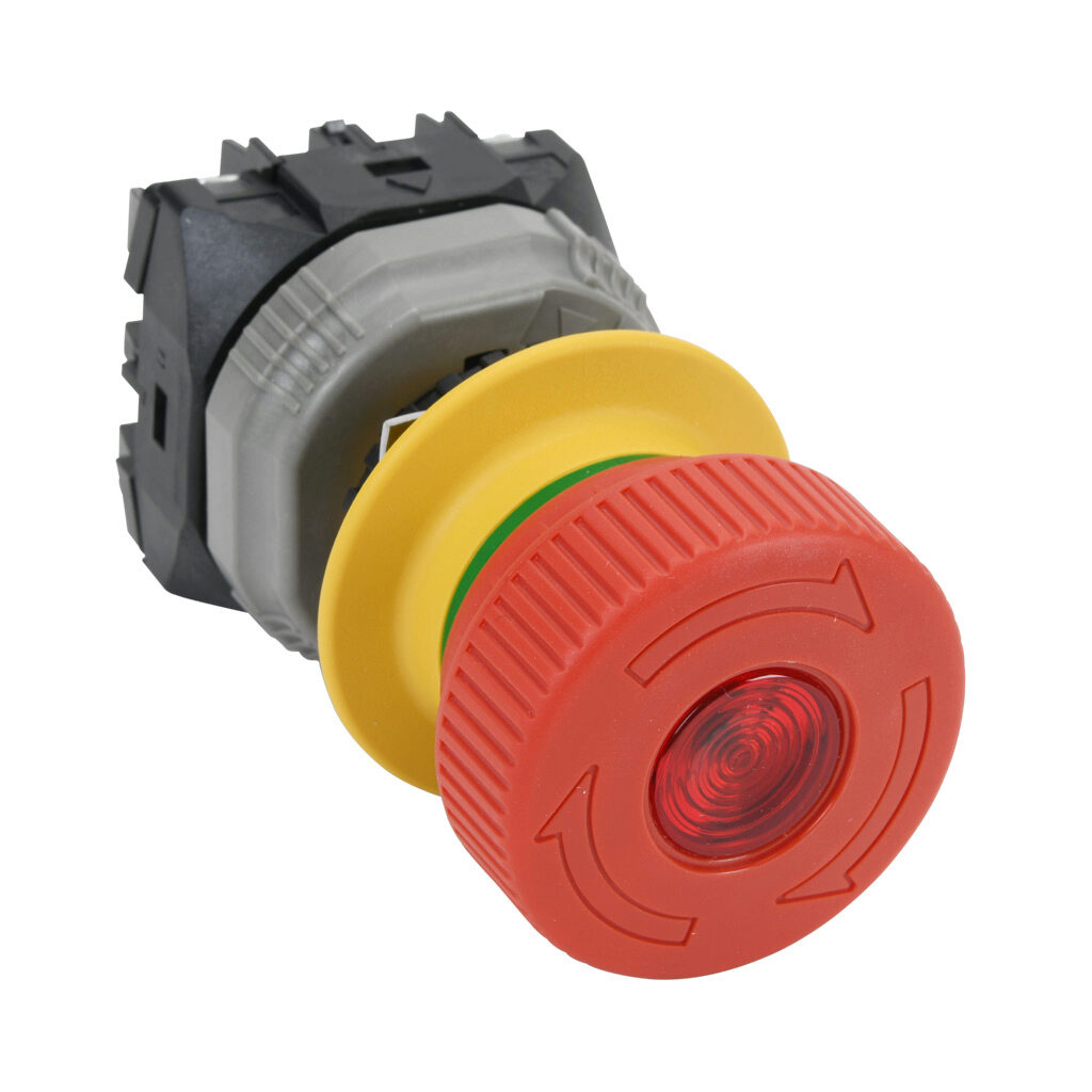 AR22VQL-01E3R - Fuji Electric emergency stop pushbutton, IP65, 22mm, push to lock, pull or turn to reset, LED illuminated, (1) N.C. contact(s), plastic base, plastic bezel, yellow, Operator: red, mushroom, 40mm, mushroom, plastic, 24 VAC/VDC, full...