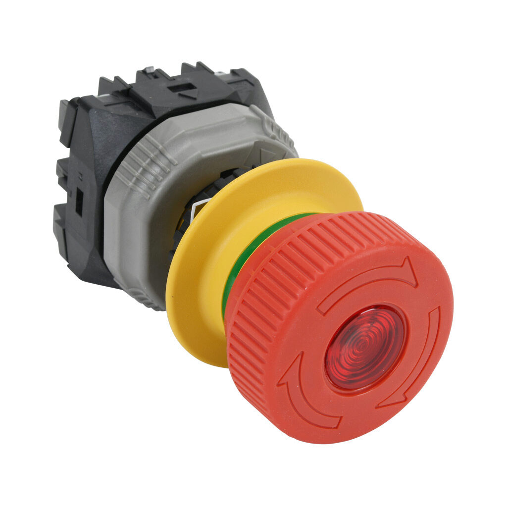AR22VQL-01EAR - Fuji Electric emergency stop pushbutton, IP65, 22mm, push to lock, pull or turn to reset, interlocked LED illuminated, (1) N.C. contact(s), plastic base, plastic bezel, yellow, Operator: red, mushroom, 40mm, mushroom, plastic, 24 V...