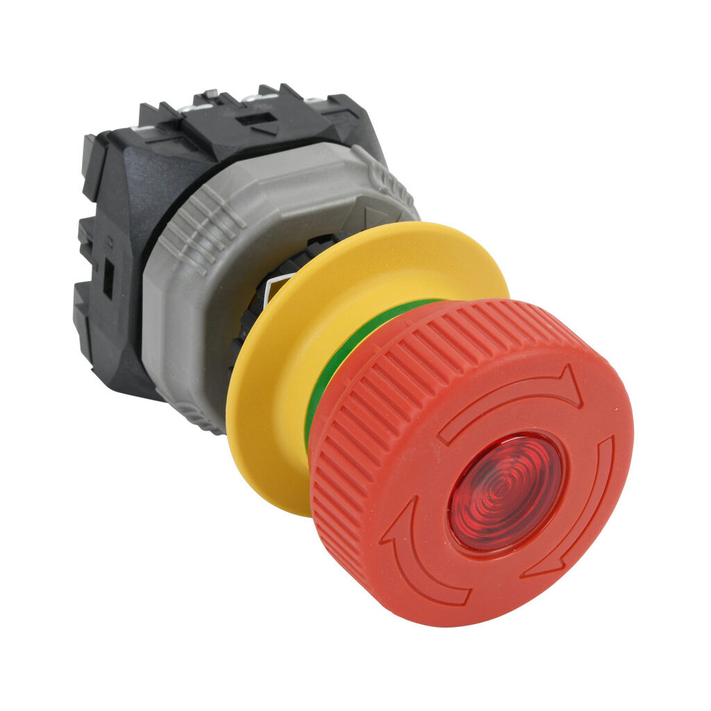 AR22VQL-12E3R - Fuji Electric emergency stop pushbutton, IP65, 22mm, push to lock, pull or turn to reset, LED illuminated, (1) N.O./(2) N.C. contact(s), plastic base, plastic bezel, yellow, Operator: red, mushroom, 40mm, mushroom, plastic, 24 VAC/...