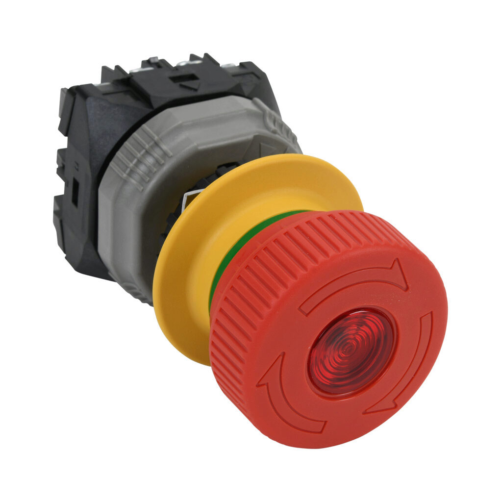 AR22VQL-12EAR - Fuji Electric emergency stop pushbutton, IP65, 22mm, push to lock, pull or turn to reset, interlocked LED illuminated, (1) N.O./(2) N.C. contact(s), plastic base, plastic bezel, yellow, Operator: red, mushroom, 40mm, mushroom, plas...
