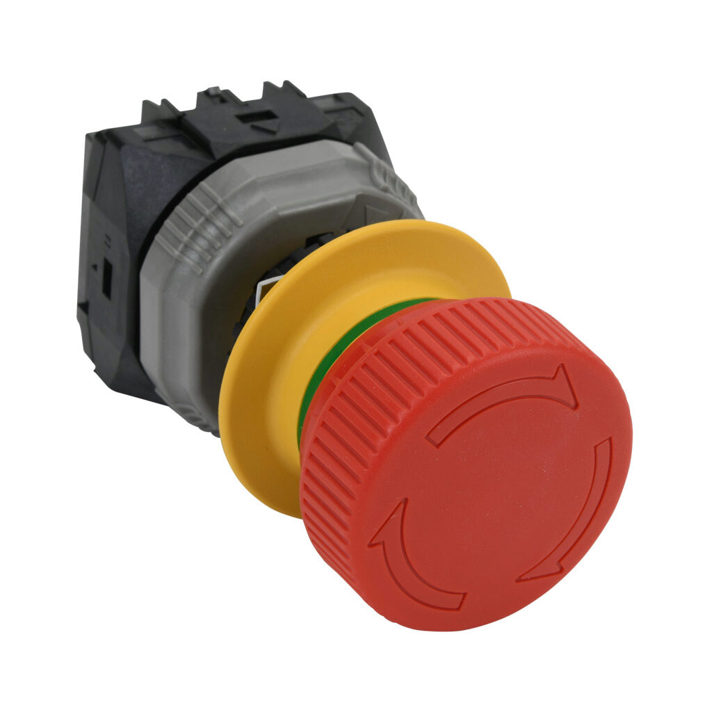 AR22VQR-01R - Fuji Electric emergency stop pushbutton, IP65, 22mm, push to lock, pull or turn to reset, (1) N.C. contact(s), plastic base, plastic bezel, yellow, Operator: red, mushroom, 40mm, mushroom, plastic.