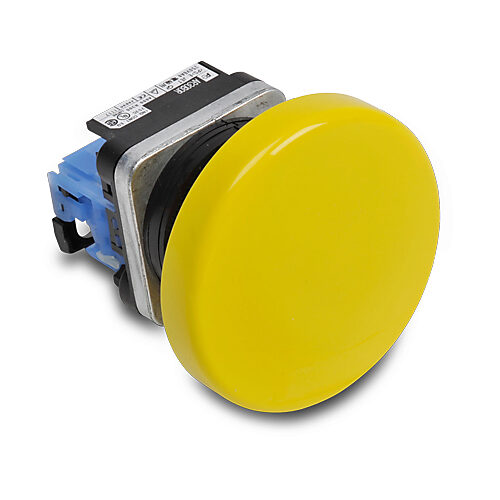 AR30B0R-10Y - Fuji Electric pushbutton, 30mm, momentary, (1) N.O. contact(s), metal base, metal bezel, Operator: yellow, mushroom, 65mm, round, plastic.