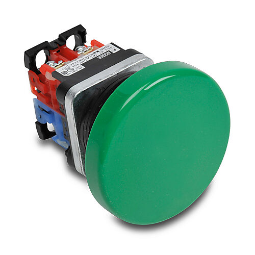 AR30B0R-11G - Fuji Electric pushbutton, 30mm, momentary, (1) N.O./(1) N.C. contact(s), metal base, metal bezel, Operator: green, mushroom, 65mm, round, plastic.