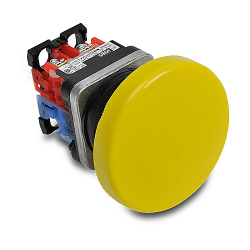 AR30B0R-11Y - Fuji Electric pushbutton, 30mm, momentary, (1) N.O./(1) N.C. contact(s), metal base, metal bezel, Operator: yellow, mushroom, 65mm, round, plastic.
