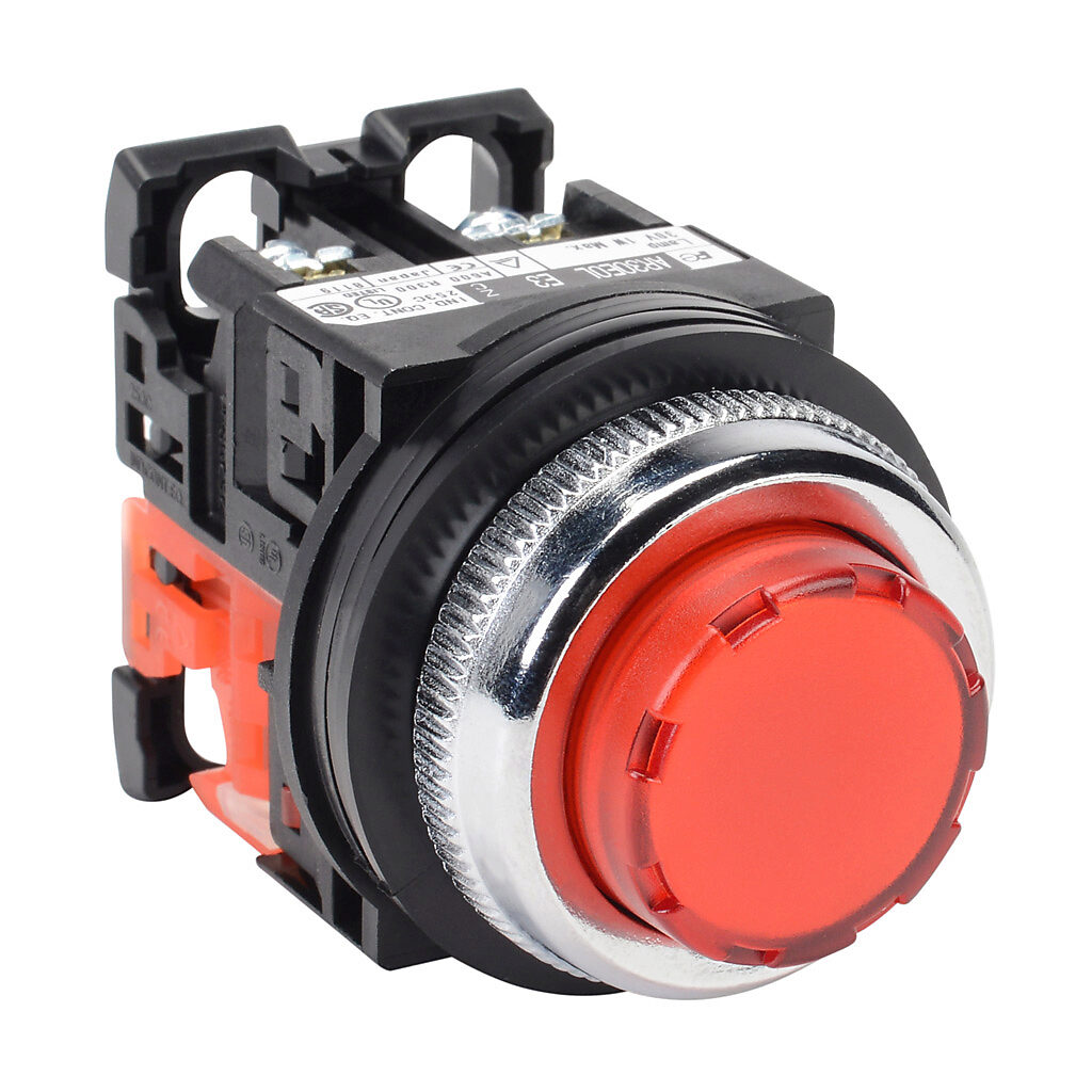 AR30E0L-01E3RZC - Fuji Electric pushbutton, 30mm, momentary, LED illuminated, (1) N.C. contact(s), plastic base, metal bezel, Operator: red, extended, 35mm, round, plastic, 24 VAC/VDC, full voltage.