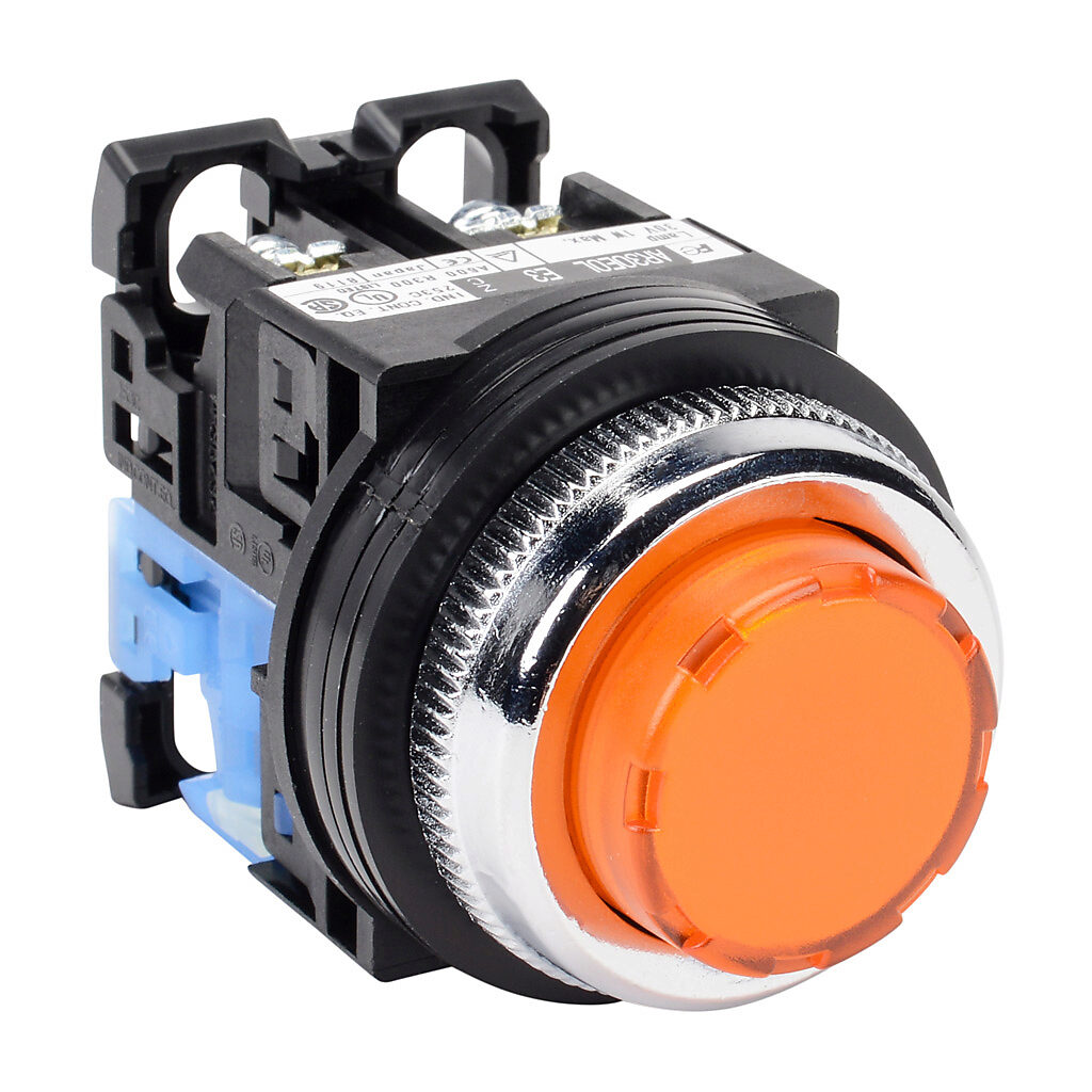 AR30E0L-10E3AZC - Fuji Electric pushbutton, 30mm, momentary, LED illuminated, (1) N.O. contact(s), plastic base, metal bezel, Operator: orange, extended, 35mm, round, plastic, 24 VAC/VDC, full voltage.