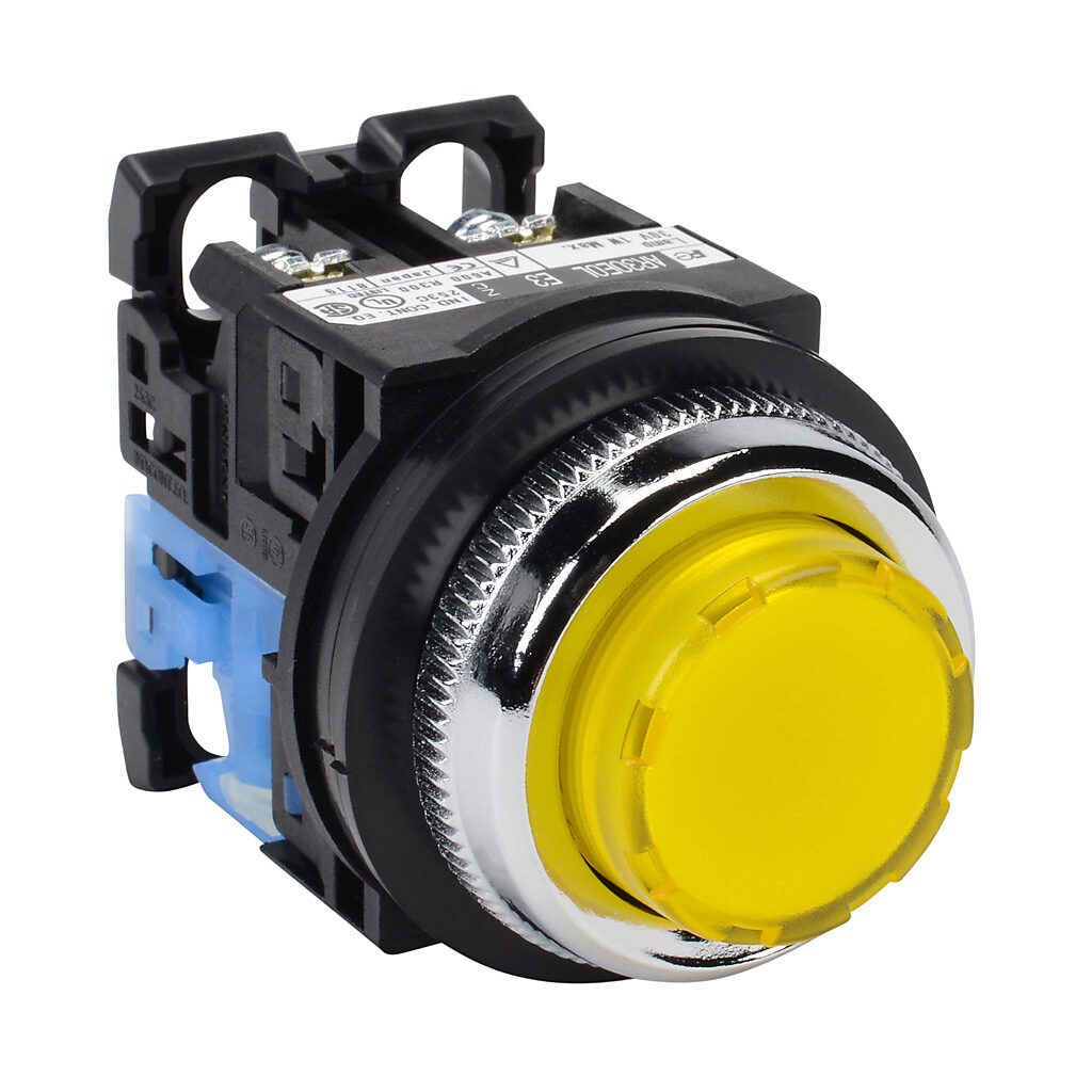 AR30E0L-10E3YZC - Fuji Electric pushbutton, 30mm, momentary, LED illuminated, (1) N.O. contact(s), plastic base, metal bezel, Operator: yellow, extended, 35mm, round, plastic, 24 VAC/VDC, full voltage.