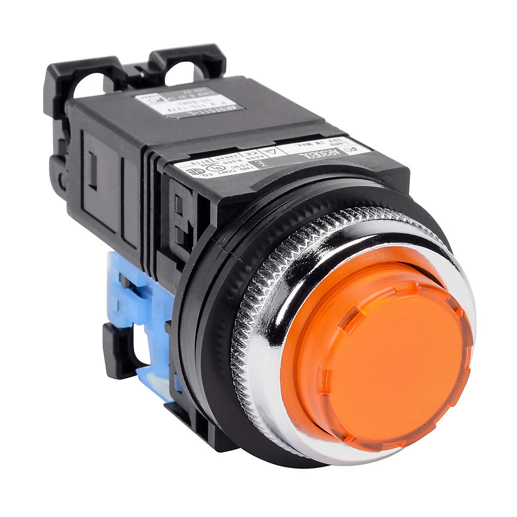 AR30E0L-10L3AZC - Fuji Electric pushbutton, 30mm, momentary, LED illuminated, (1) N.O. contact(s), plastic base, metal bezel, Operator: orange, extended, 35mm, round, plastic, 115-127 VAC, transformer.