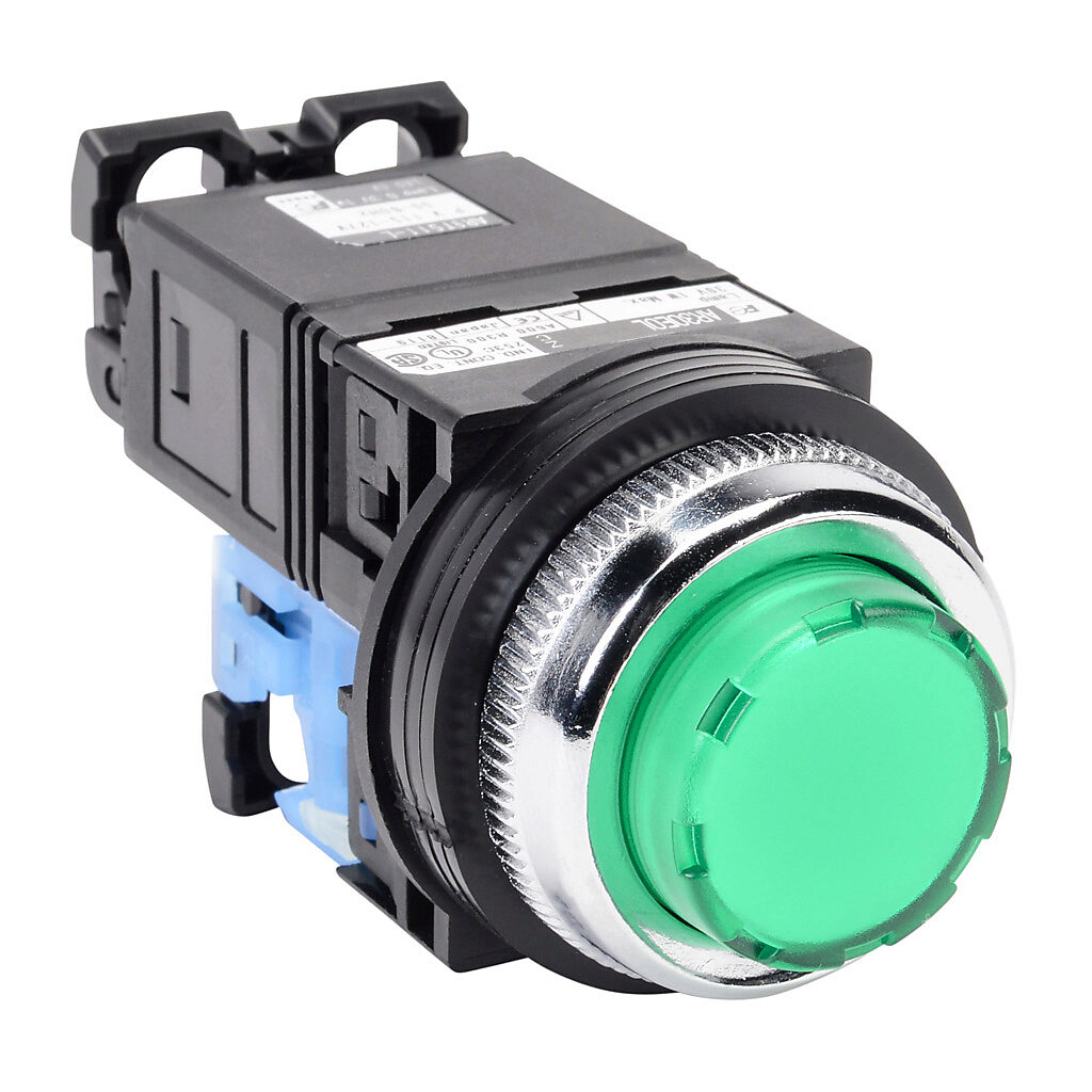 AR30E0L-10L3GZC - Fuji Electric pushbutton, 30mm, momentary, LED illuminated, (1) N.O. contact(s), plastic base, metal bezel, Operator: green, extended, 35mm, round, plastic, 115-127 VAC, transformer.