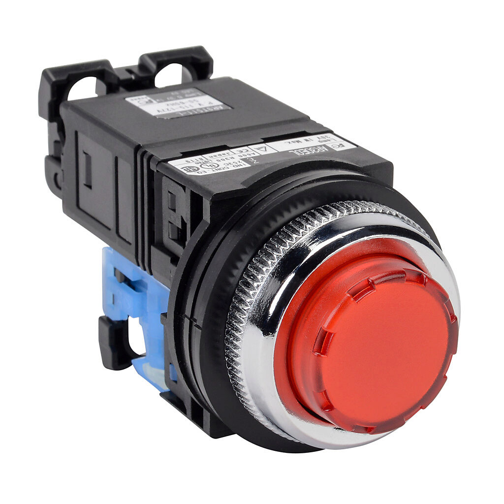 AR30E0L-10L3RZC - Fuji Electric pushbutton, 30mm, momentary, LED illuminated, (1) N.O. contact(s), plastic base, metal bezel, Operator: red, extended, 35mm, round, plastic, 115-127 VAC, transformer.