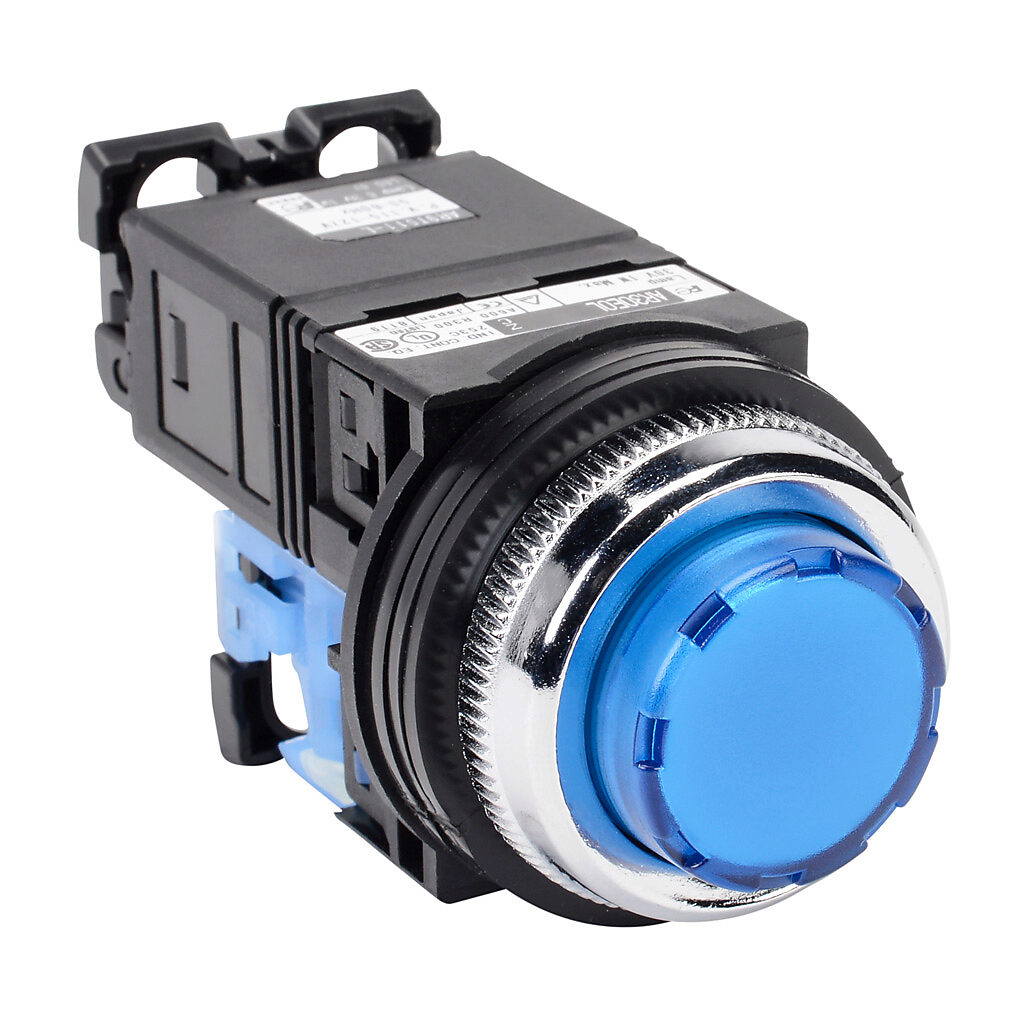 AR30E0L-10L3SZC - Fuji Electric pushbutton, 30mm, momentary, LED illuminated, (1) N.O. contact(s), plastic base, metal bezel, Operator: blue, extended, 35mm, round, plastic, 115-127 VAC, transformer.