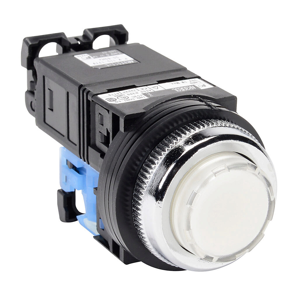 AR30E0L-10L3WZC - Fuji Electric pushbutton, 30mm, momentary, LED illuminated, (1) N.O. contact(s), plastic base, metal bezel, Operator: white, extended, 35mm, round, plastic, 115-127 VAC, transformer.