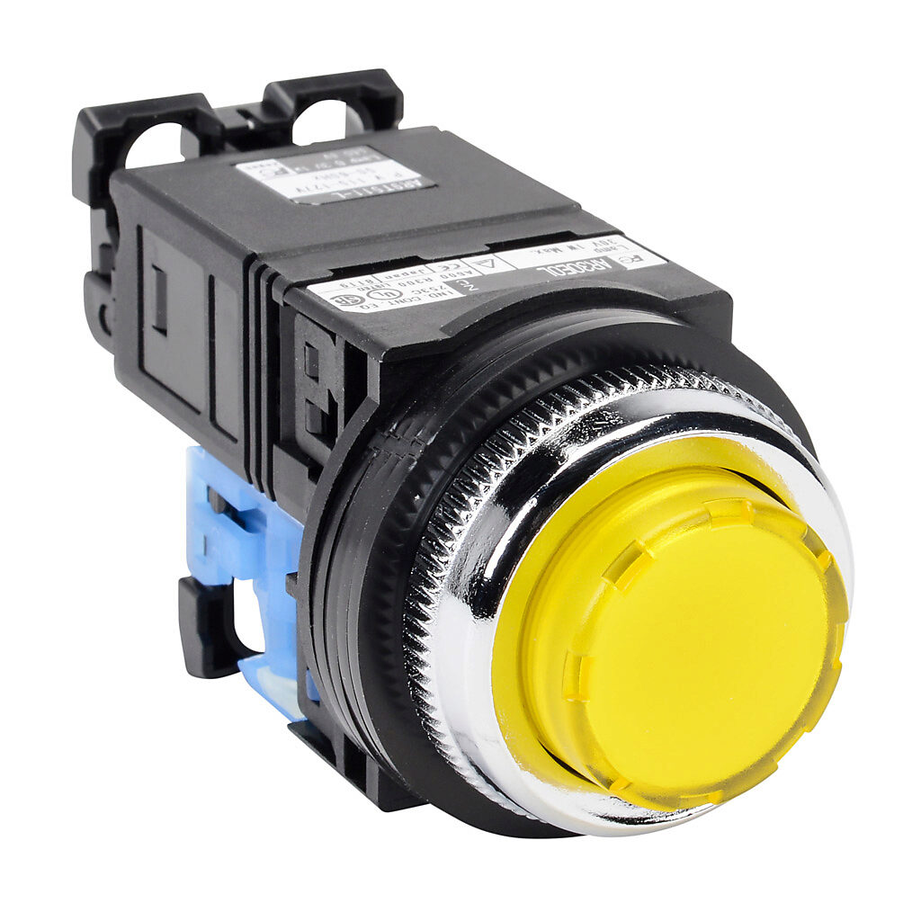 AR30E0L-10L3YZC - Fuji Electric pushbutton, 30mm, momentary, LED illuminated, (1) N.O. contact(s), plastic base, metal bezel, Operator: yellow, extended, 35mm, round, plastic, 115-127 VAC, transformer.