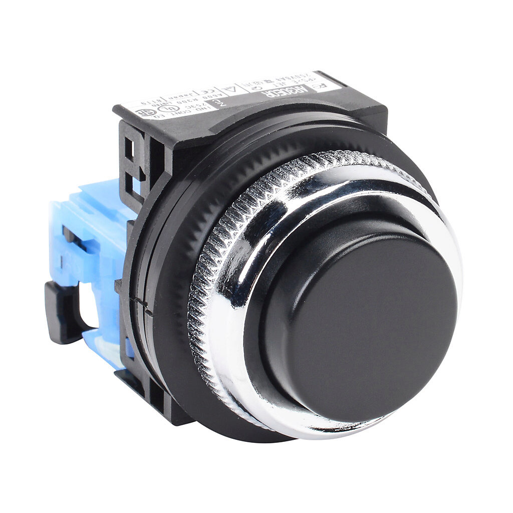 AR30E0R-10BZC - Fuji Electric pushbutton, 30mm, momentary, (1) N.O. contact(s), plastic base, metal bezel, Operator: black, extended, 35mm, round, plastic.
