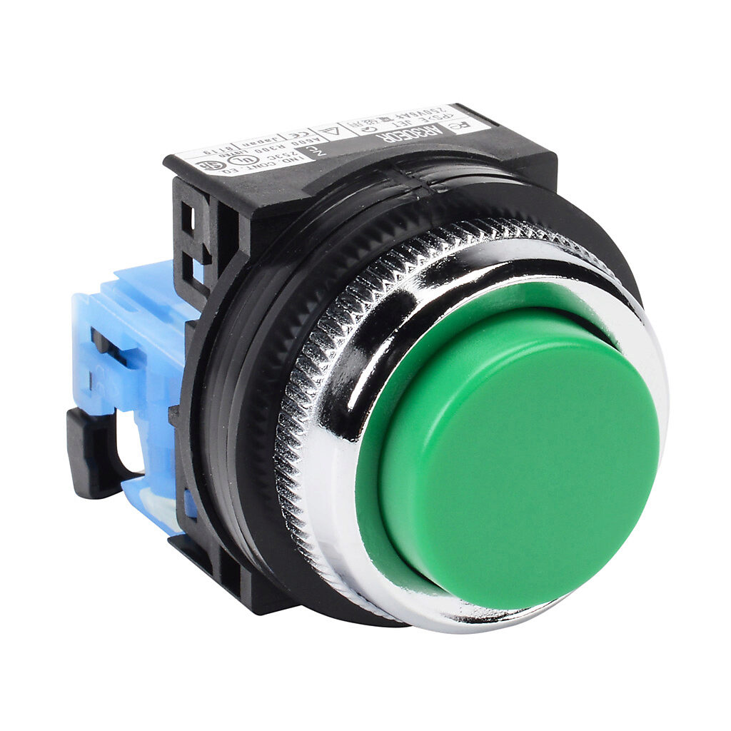 AR30E0R-10GZC - Fuji Electric pushbutton, 30mm, momentary, (1) N.O. contact(s), plastic base, metal bezel, Operator: green, extended, 35mm, round, plastic.