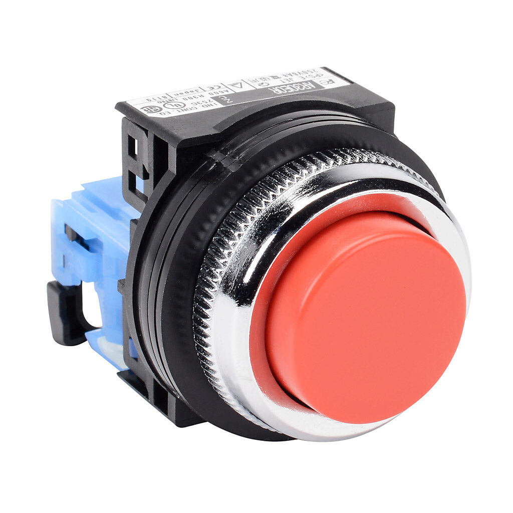 AR30E0R-10RZC - Fuji Electric pushbutton, 30mm, momentary, (1) N.O. contact(s), plastic base, metal bezel, Operator: red, extended, 35mm, round, plastic.