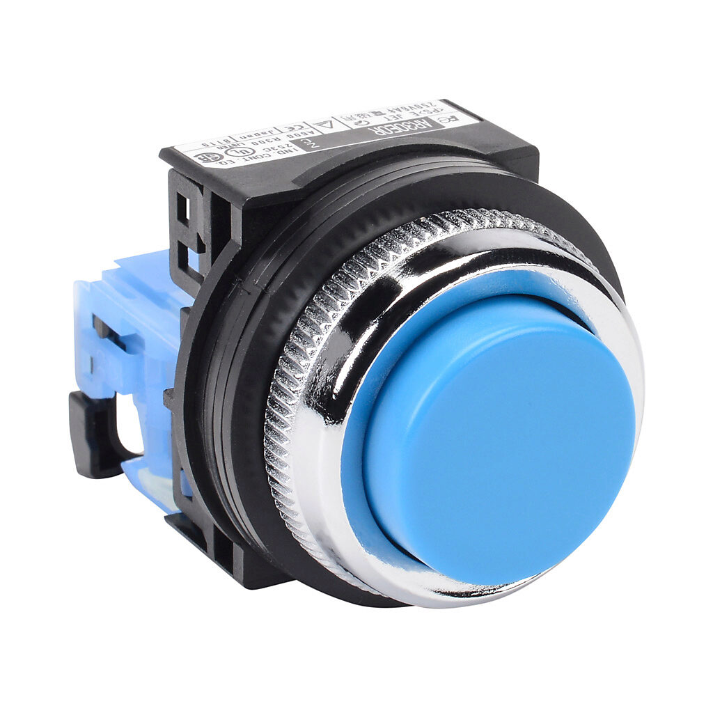 AR30E0R-10SZC - Fuji Electric pushbutton, 30mm, momentary, (1) N.O. contact(s), plastic base, metal bezel, Operator: blue, extended, 35mm, round, plastic.