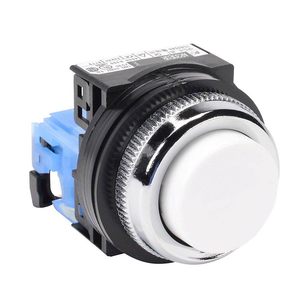 AR30E0R-10WZC - Fuji Electric pushbutton, 30mm, momentary, (1) N.O. contact(s), plastic base, metal bezel, Operator: white, extended, 35mm, round, plastic.