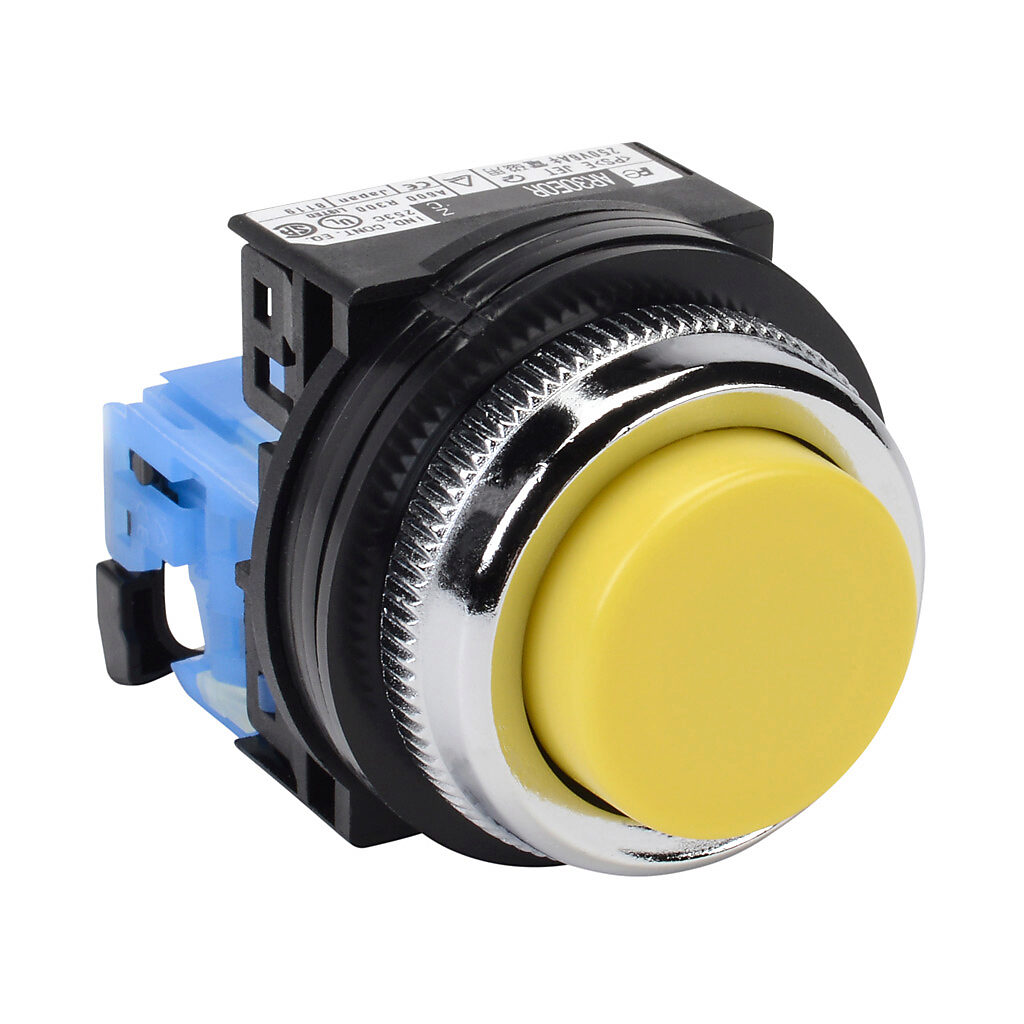 AR30E0R-10YZC - Fuji Electric pushbutton, 30mm, momentary, (1) N.O. contact(s), plastic base, metal bezel, Operator: yellow, extended, 35mm, round, plastic.