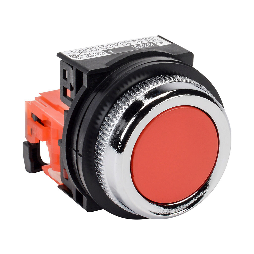 AR30F0R-01RZC - Fuji Electric pushbutton, 30mm, momentary, (1) N.C. contact(s), plastic base, metal bezel, Operator: red, flush, 35mm, round, plastic.