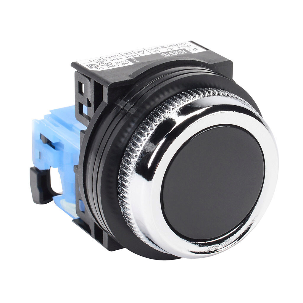 AR30F0R-10BZC - Fuji Electric pushbutton, 30mm, momentary, (1) N.O. contact(s), plastic base, metal bezel, Operator: black, flush, 35mm, round, plastic.