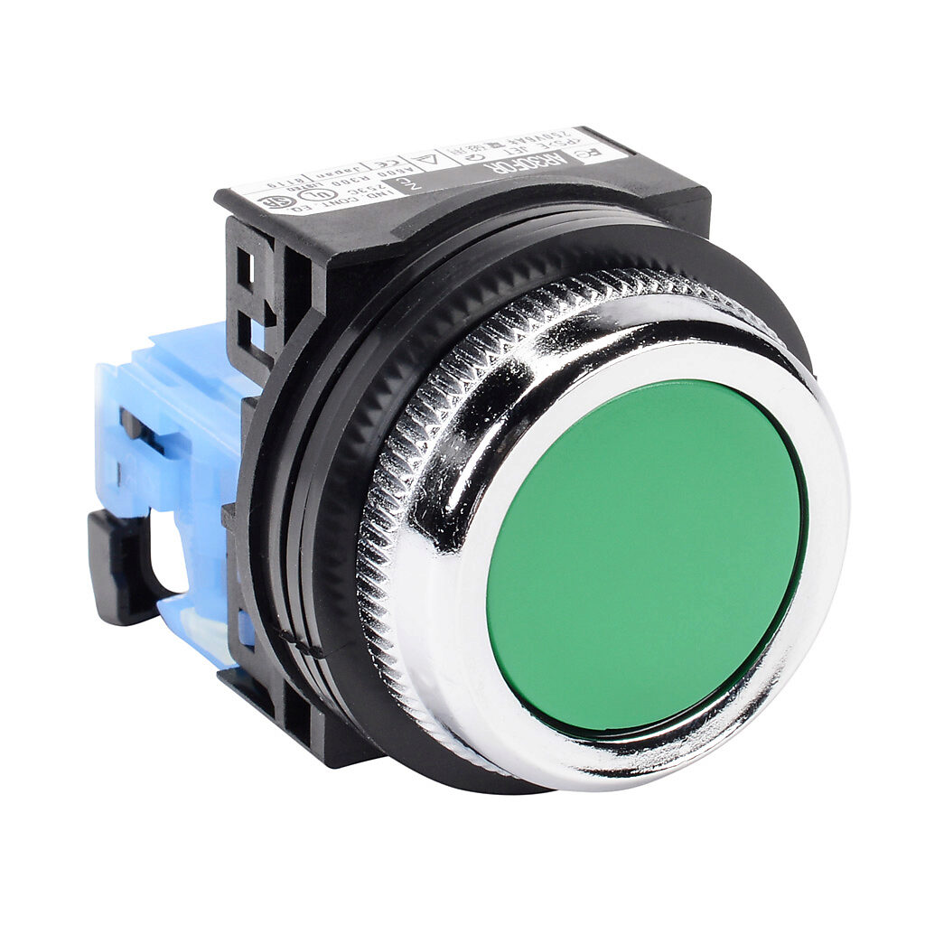 AR30F0R-10GZC - Fuji Electric pushbutton, 30mm, momentary, (1) N.O. contact(s), plastic base, metal bezel, Operator: green, flush, 35mm, round, plastic.